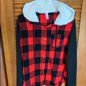 Long sleeve buffalo plaid with fur lined hood